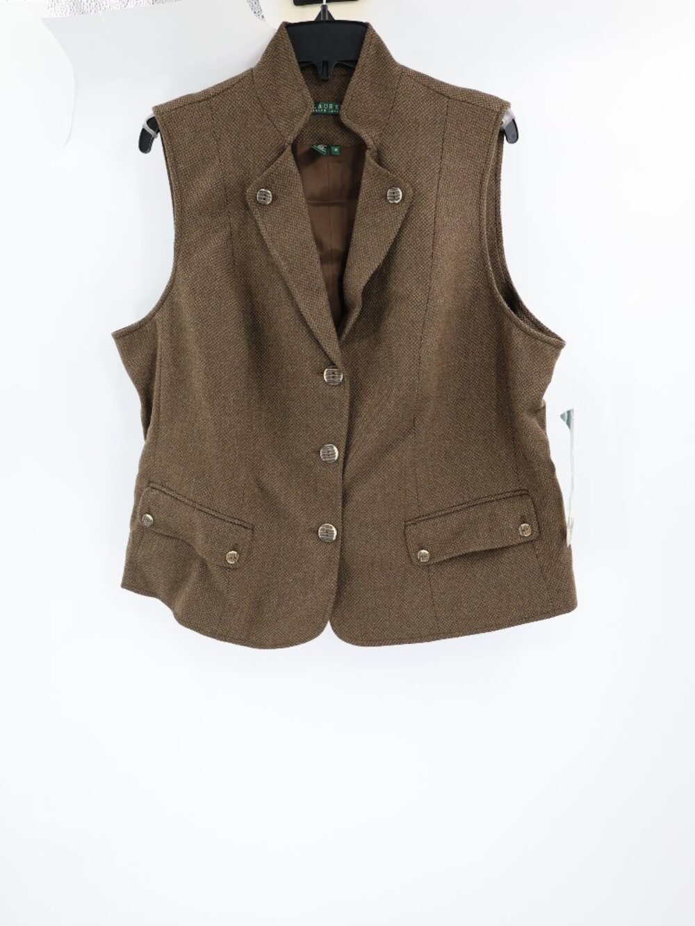NWT Lauren Ralph Lauren Vest Womens 16W Virgin Wool Tweed Button Up Lined Green
